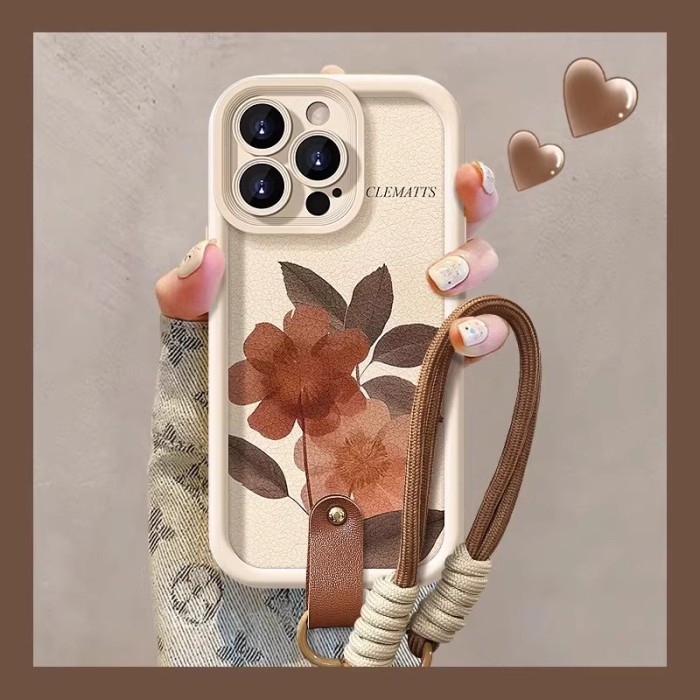 For iPhone16 15 14 13 12 11 8 7XR XS Pro Max w/Lanyard Vintage Flower Phone Case 