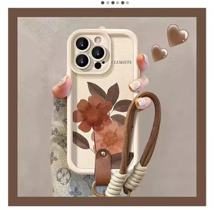 For iPhone16 15 14 13 12 11 8 7XR XS Pro Max w/Lanyard Vintage Flower Phone Case 