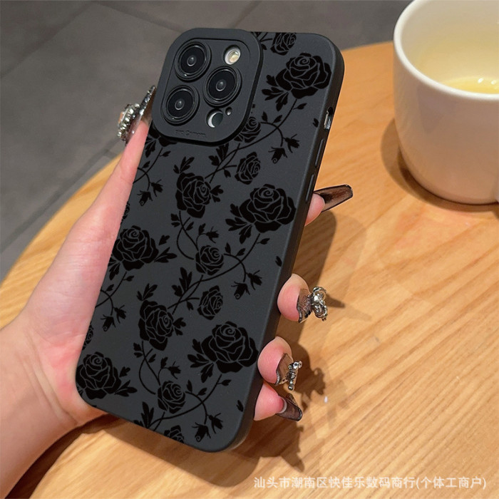 For Apple iPhone 16 15 14 13 12 11 8 7XS/XR Pro Max Black Rose Flower Phone Case