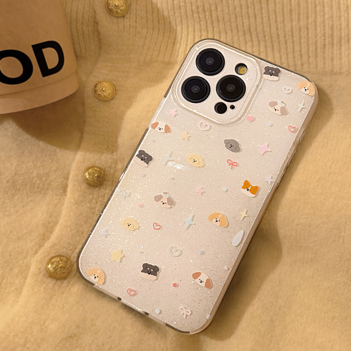 For Apple iPhone 16 15 14 13 12 11 Pro Max Glitter Cute Puppy Phone Case w/Lanyard 