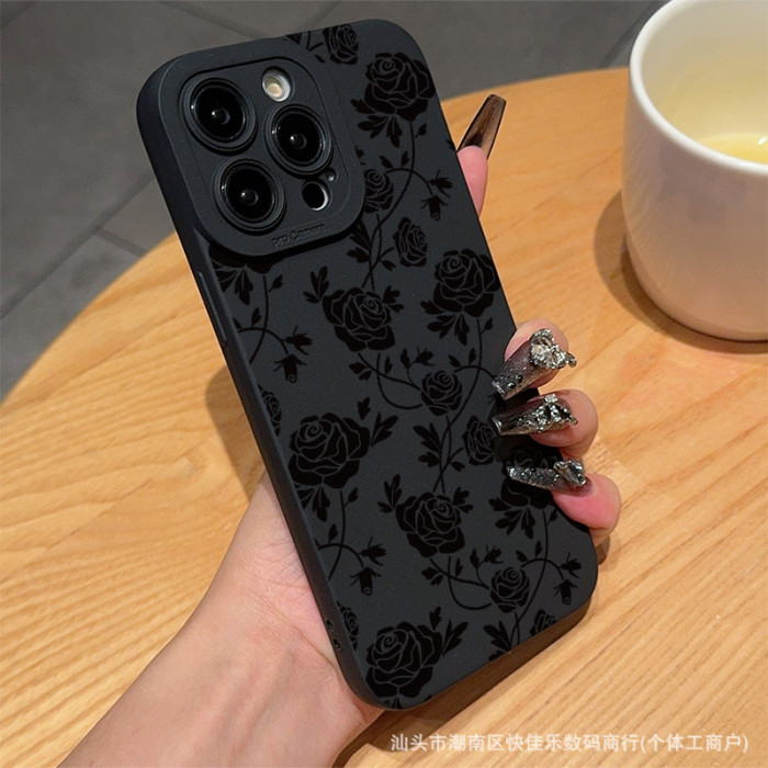 For Apple iPhone 16 15 14 13 12 11 8 7XS/XR Pro Max Black Rose Flower Phone Case