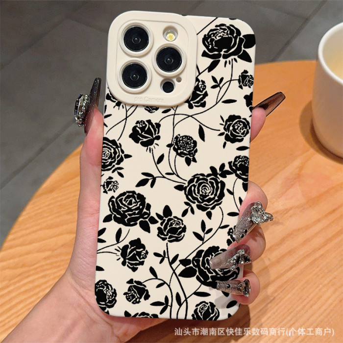 For Apple iPhone 16 15 14 13 12 11 8 7XS/XR Pro Max Black Rose Flower Phone Case