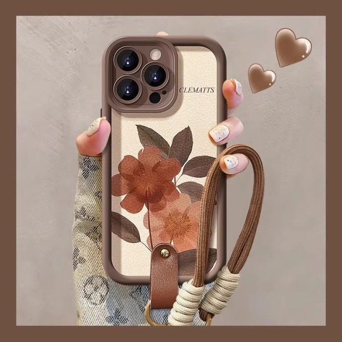 For iPhone16 15 14 13 12 11 8 7XR XS Pro Max w/Lanyard Vintage Flower Phone Case 