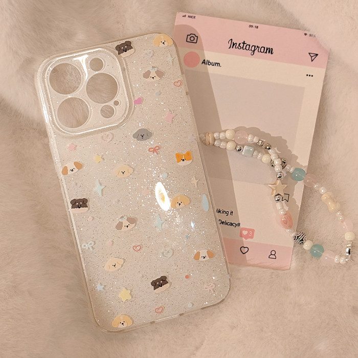 For Apple iPhone 16 15 14 13 12 11 Pro Max Glitter Cute Puppy Phone Case w/Lanyard 