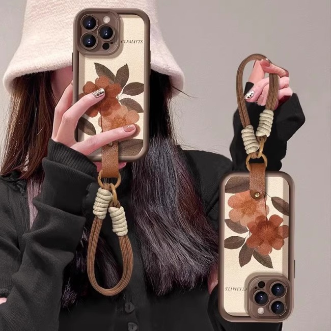 For iPhone16 15 14 13 12 11 8 7XR XS Pro Max w/Lanyard Vintage Flower Phone Case