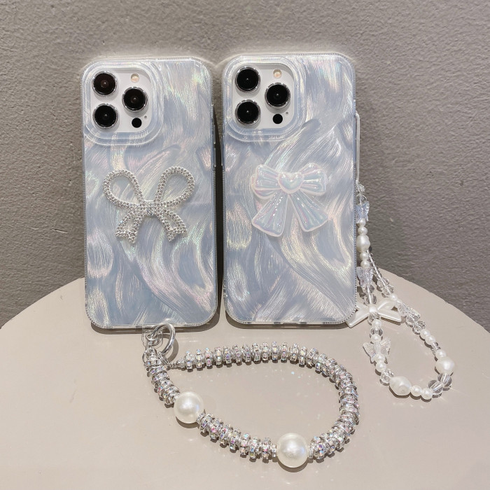 For iPhone 16 15 14 Pro Max Plus 13 11 12 XS XR Cover W/Lanyard Bow Phone Case 