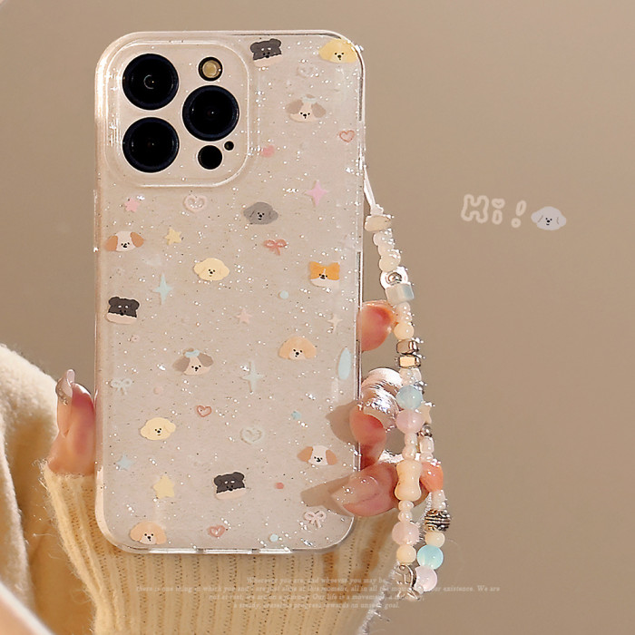For Apple iPhone 16 15 14 13 12 11 Pro Max Glitter Cute Puppy Phone Case w/Lanyard 