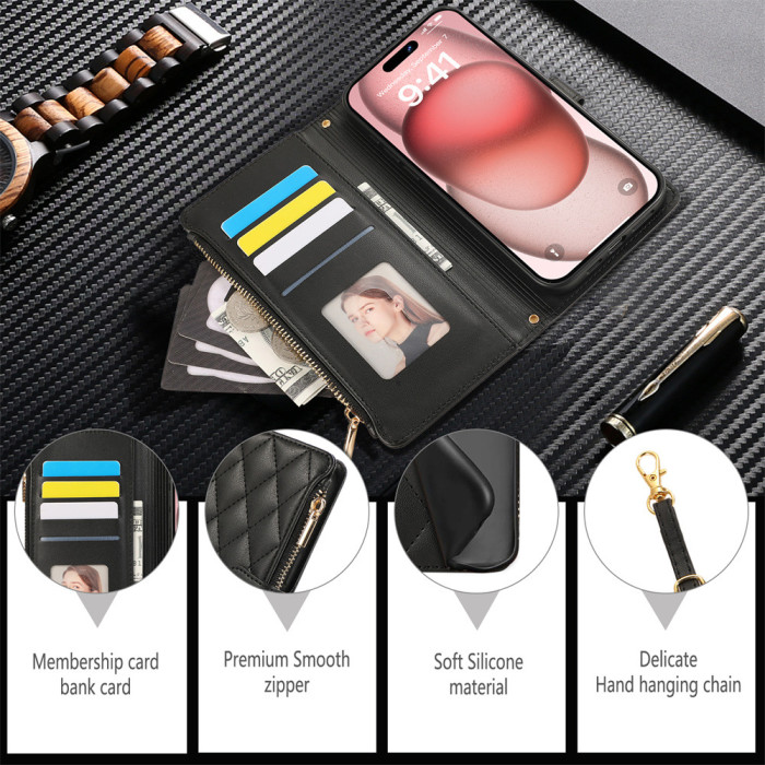 For Apple iPhone 16 Pro Max 15 14 13 12 11 XR XS 7 8 Classic Leather Wallet Phone Case Long rope+short rope