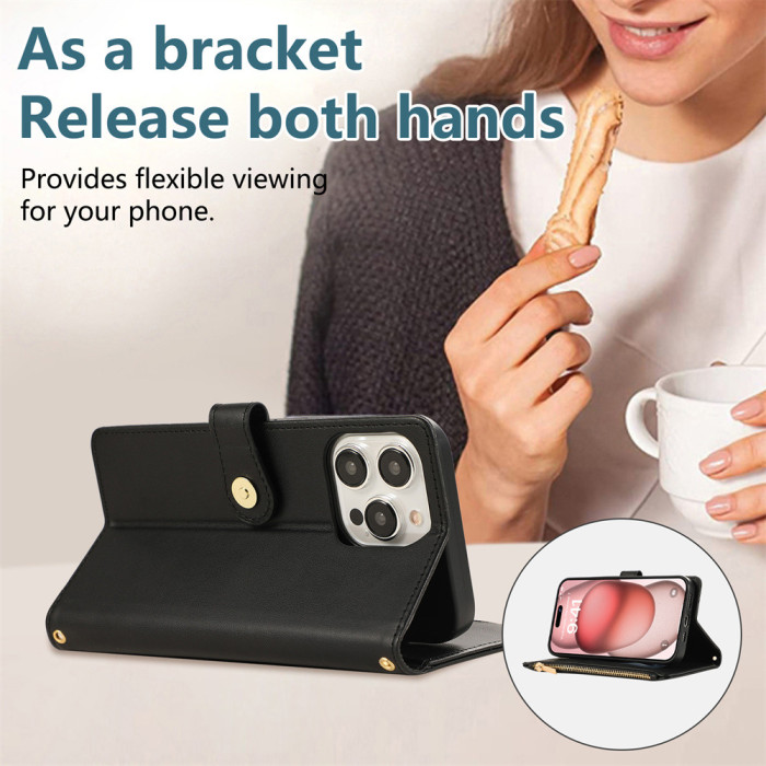 For Apple iPhone 16 Pro Max 15 14 13 12 11 XR XS 7 8 Classic Leather Wallet Phone Case Long rope+short rope