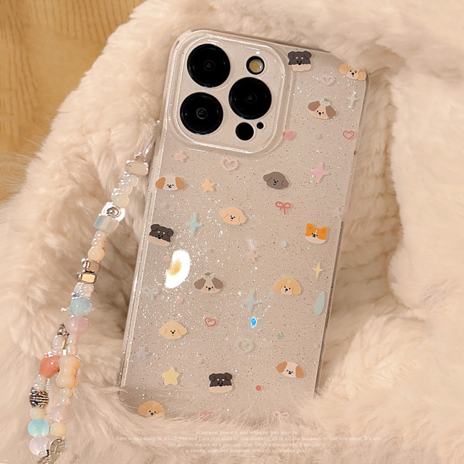 For Apple iPhone 16 15 14 13 12 11 Pro Max Glitter Cute Puppy Phone Case w/Lanyard