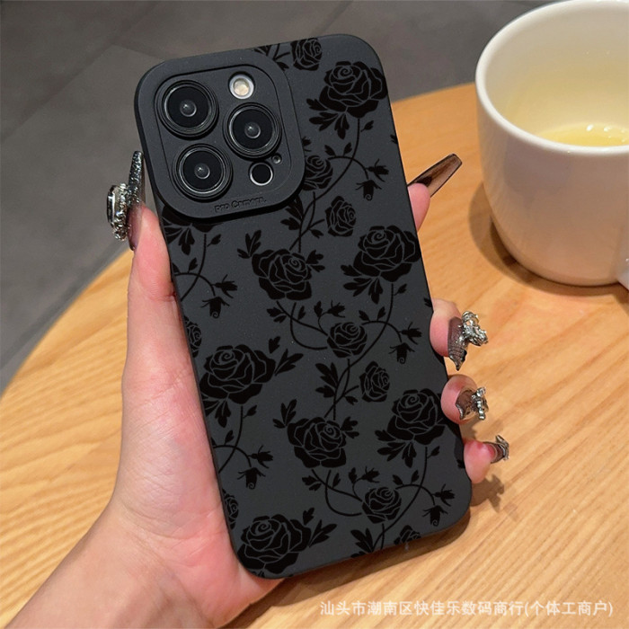 For Apple iPhone 16 15 14 13 12 11 8 7XS/XR Pro Max Black Rose Flower Phone Case