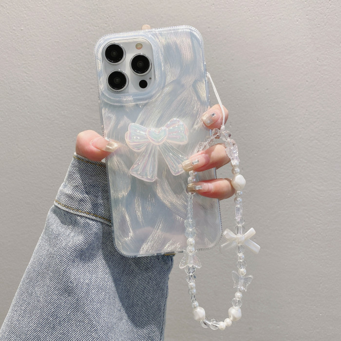 For iPhone 16 15 14 Pro Max Plus 13 11 12 XS XR Cover W/Lanyard Bow Phone Case 