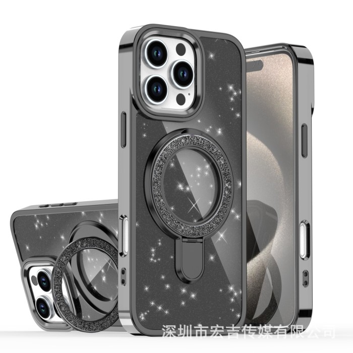 For iPhone 17 Air 17 16 Pro Max 15 14 13 12 11 XR Phone Cover Glitter Magnetic Bracket