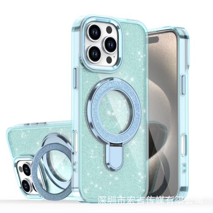 For iPhone 17 Air 17 16 Pro Max 15 14 13 12 11 XR Phone Cover Glitter Magnetic Bracket