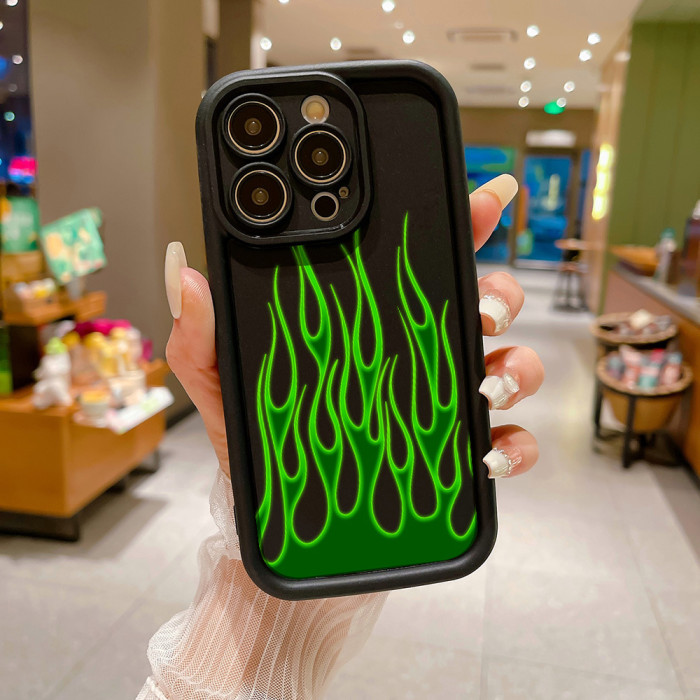 For iPhone 17 Air 17 Pro Max 16 15 14 13 12 11 XR XS 7 8 Phone Cover Green Flame