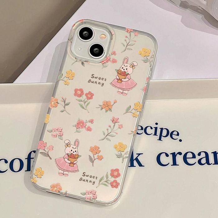 For iPhone 17 Air 17 Pro Max 16 15 14 13 12 11 XR 8 XS Phone Cover Flower Rabbit