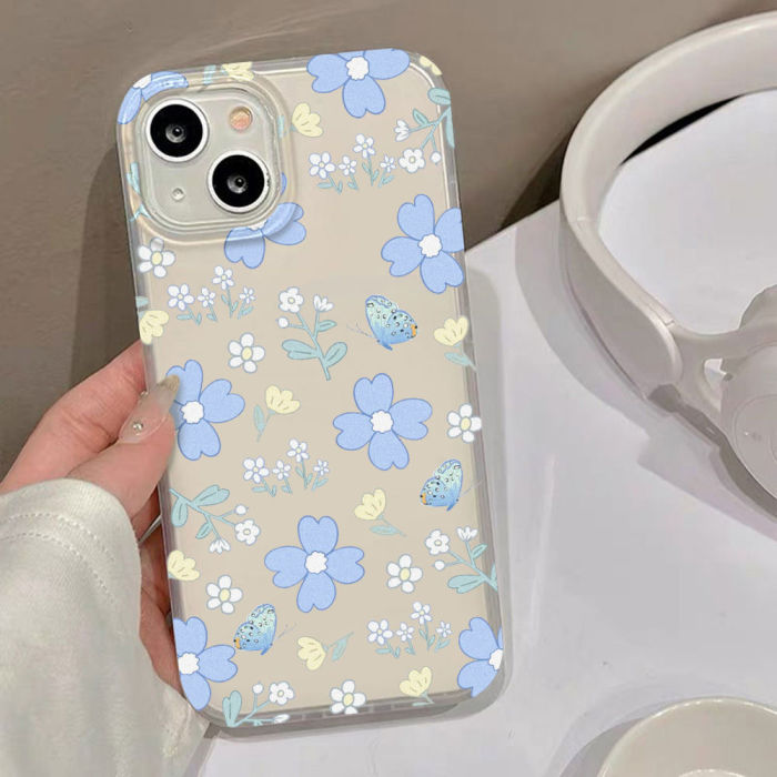For iPhone 17 Air 17 Pro Max 16 15 14 13 12 11 Phone Cover Blue Flower Case New