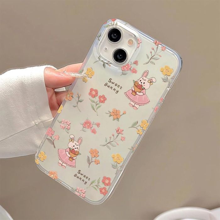 For iPhone 17 Air 17 Pro Max 16 15 14 13 12 11 XR 8 XS Phone Cover Flower Rabbit