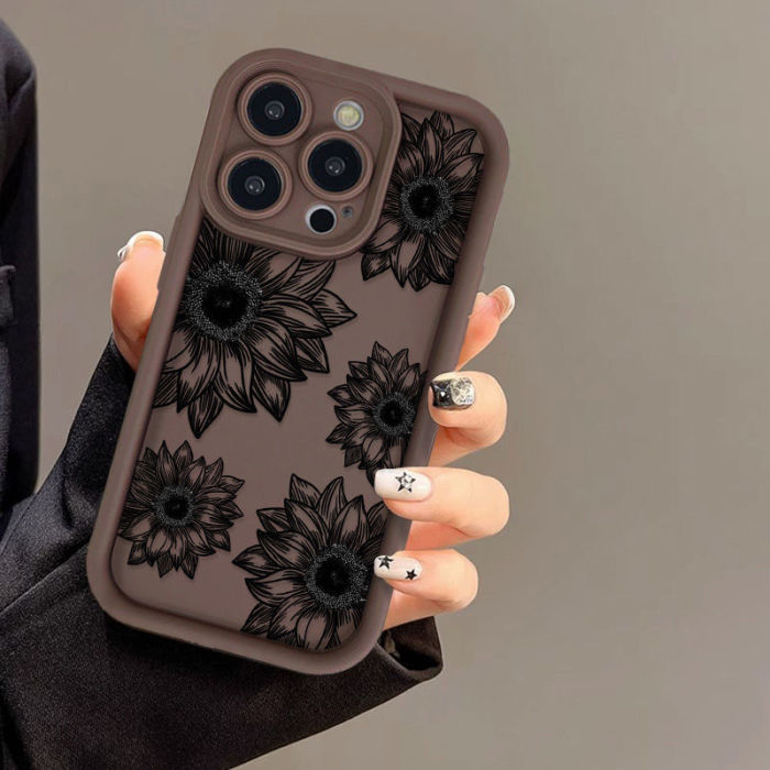 For iPhone 17 Air 17 Pro Max 16 15 14 13 12 11 XR 7 8 Phone Case Black Sunflower