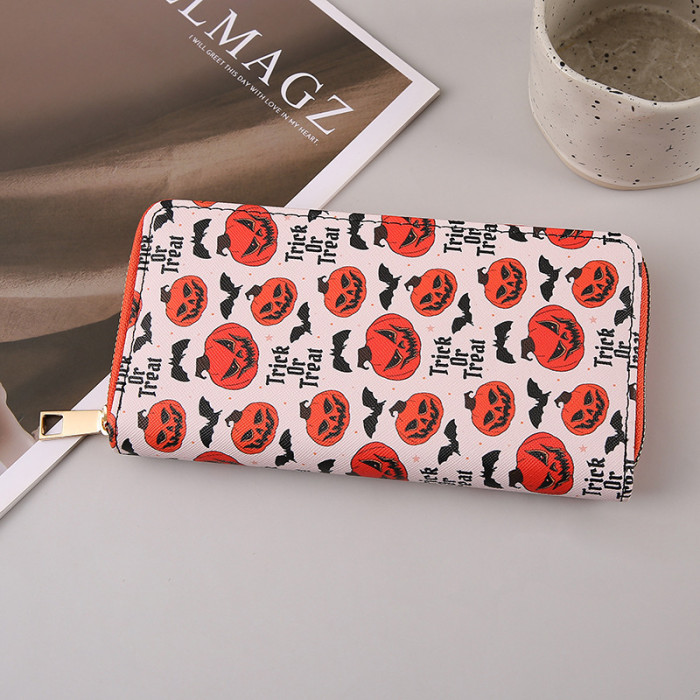 Halloween Long Wallet Card Holder Multiple Pumpkin Bat Zipper Card Bag
