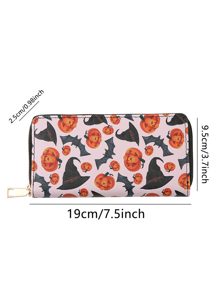 Halloween Long Wallet Card Holder Multiple Pumpkin Bat Zipper Card Bag