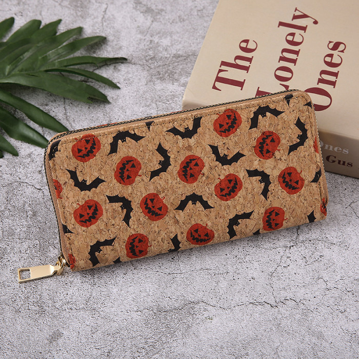 Halloween Long Wallet Card Holder Multiple Pumpkin Bat Zipper Card Bag