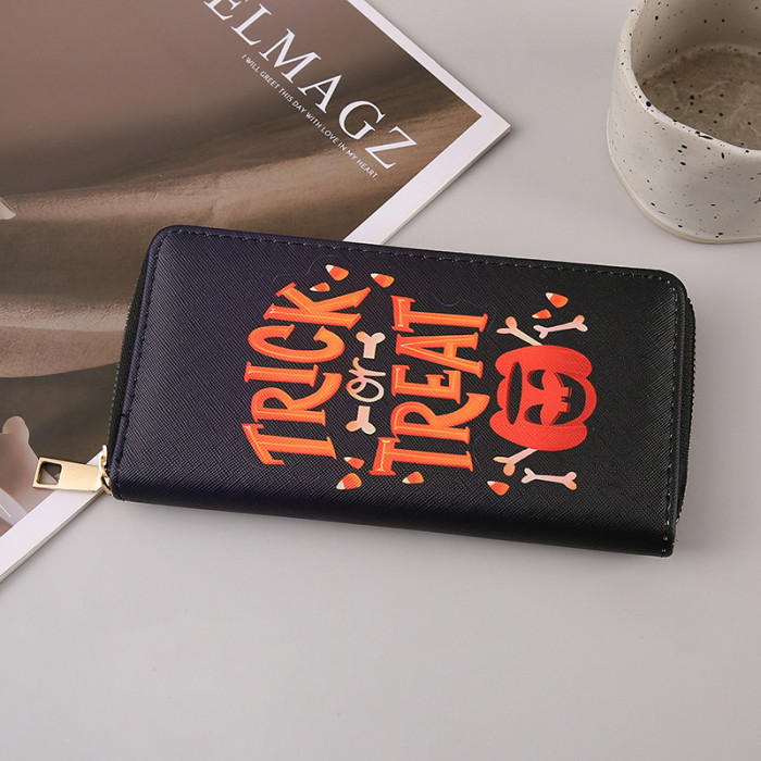 Halloween Long Wallet Card Holder Multiple Pumpkin Bat Zipper Card Bag
