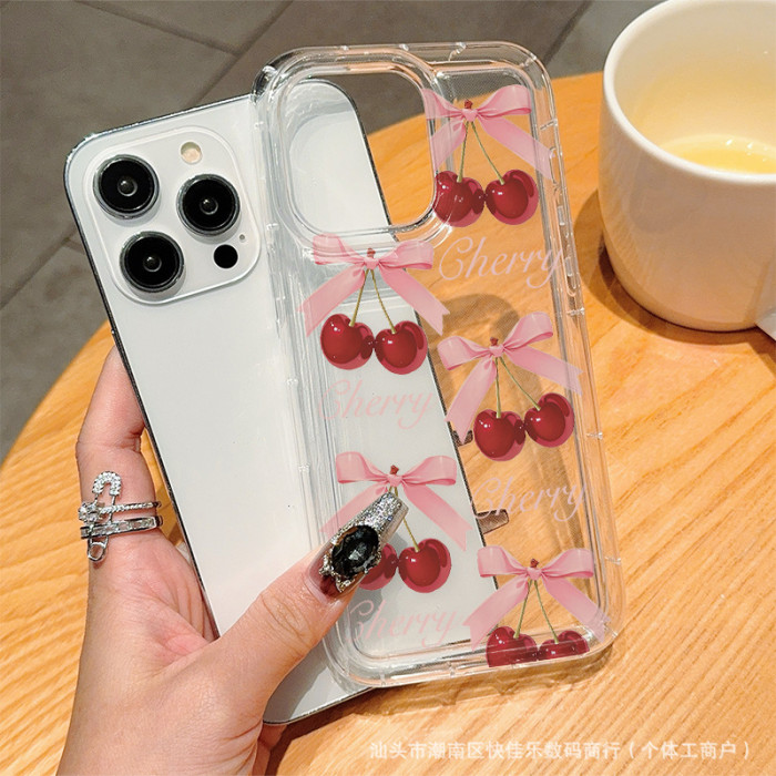 For iPhone 17 Air 17 16 Pro Max 15 14 13 12 11 7 8 XR Phone Case Pink Bow Cherry