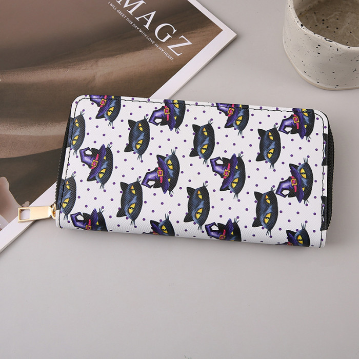 Halloween Long Wallet Card Holder Multiple Pumpkin Bat Zipper Card Bag