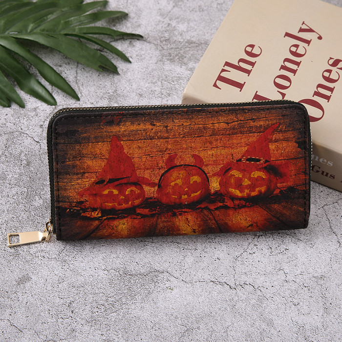 Halloween Long Wallet Card Holder Multiple Pumpkin Bat Zipper Card Bag