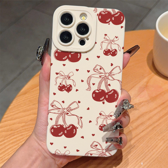 For iPhone 17 Air 17 16 Pro Max 15 14 13 12 11 XR XS 7 8 Phone Case Bow Cherry