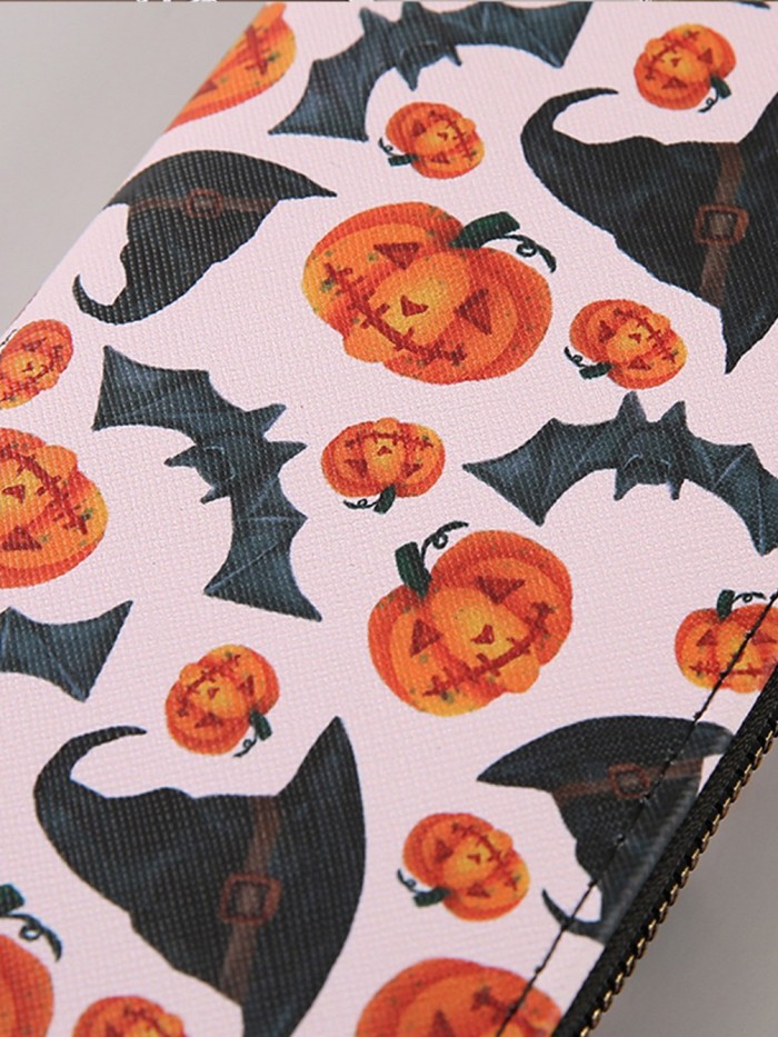 Halloween Long Wallet Card Holder Multiple Pumpkin Bat Zipper Card Bag