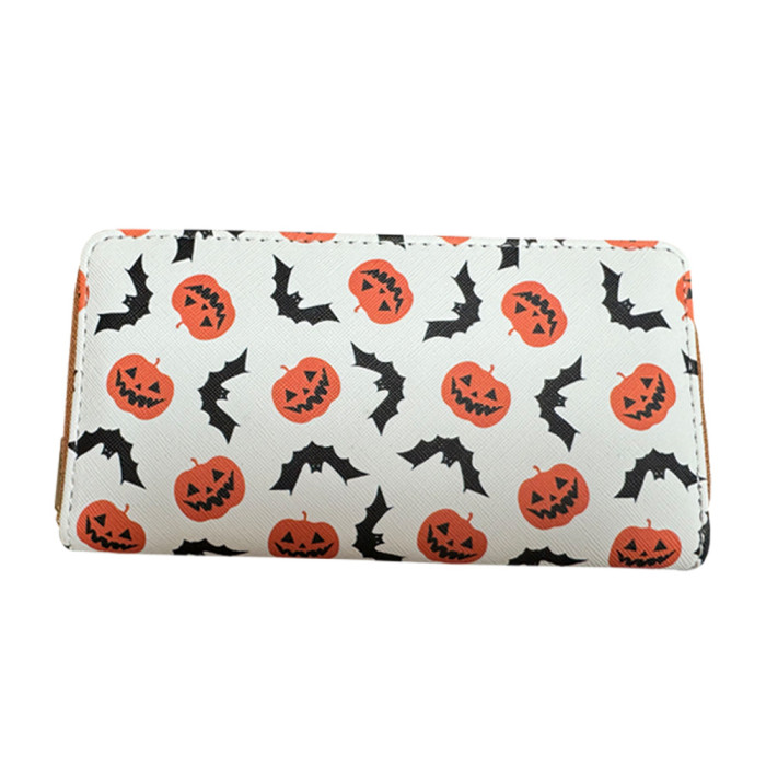 Halloween Long Wallet Card Holder Multiple Pumpkin Bat Zipper Card Bag
