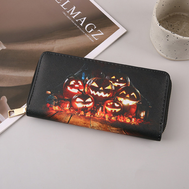 Halloween Long Wallet Card Holder Multiple Pumpkin Bat Zipper Card Bag