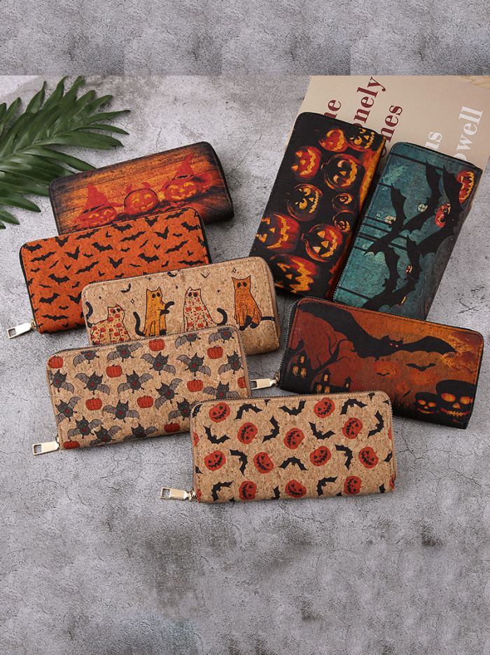 Halloween Long Wallet Card Holder Multiple Pumpkin Bat Zipper Card Bag