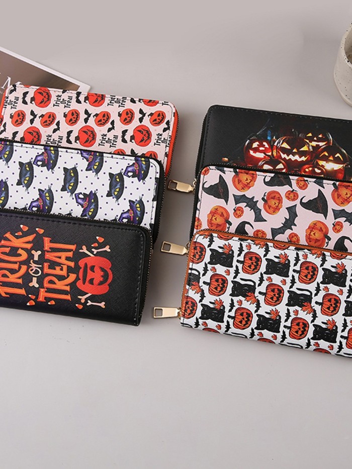 Halloween Long Wallet Card Holder Multiple Pumpkin Bat Zipper Card Bag