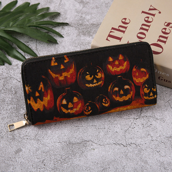 Halloween Long Wallet Card Holder Multiple Pumpkin Bat Zipper Card Bag
