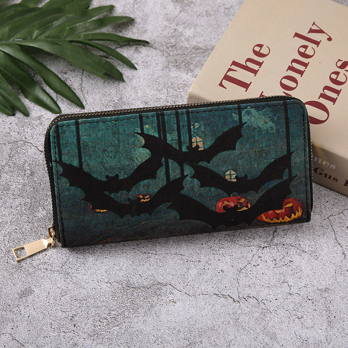 Halloween Long Wallet Card Holder Multiple Pumpkin Bat Zipper Card Bag