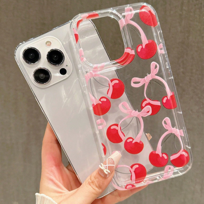 For iPhone 17 Air 17 16 Pro Max 15 14 13 12 11 7 8 XR Phone Case Pink Bow Cherry
