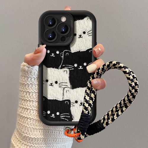 For iPhone 17 Air 17 Pro Max 16 15 14 13 12 11 XR 7 8 XS Phone Case Cute Cat w/Lanyard