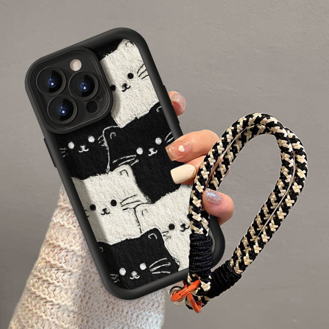 For iPhone 17 Air 17 Pro Max 16 15 14 13 12 11 XR 7 8 XS Phone Case Cute Cat w/Lanyard