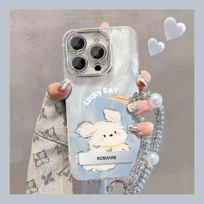 For iPhone 17 Air 17 Pro Max 16 15 14 13 12 11 Phone Case Cute Puppy w/bracelet Bracket