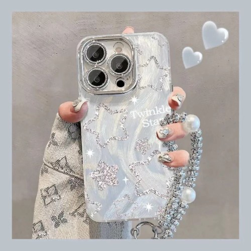 For iPhone 17 Air 17 Pro Max 16 15 14 13 12 11 Phone Case Shiny Stars w/bracelet