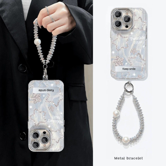 For iPhone 17 Air 17 Pro Max 16 15 14 13 12 11 Phone Case Shiny Stars w/bracelet