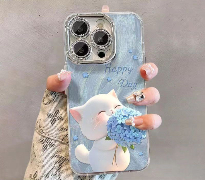 For iPhone 17 Air 17 Pro Max 16 15 14 13 12 11 Fashion Phone Case Bouquet Cat