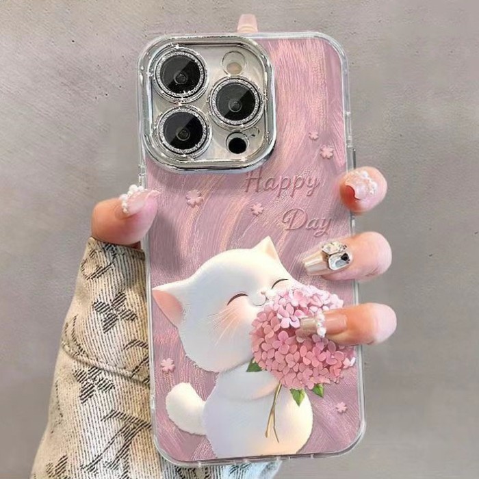 For iPhone 17 Air 17 Pro Max 16 15 14 13 12 11 Fashion Phone Case Bouquet Cat