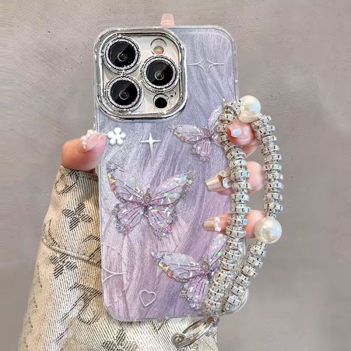For iPhone 17 Air 17 Pro Max 16 15 14 13 12 11 Phone Case Butterfly w/Bracelet