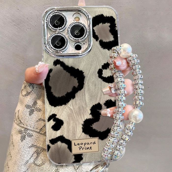 For iPhone 17 Air 17 Pro Max 16 15 14 13 12 11 XR Phone Case  Leopard w/bracelet