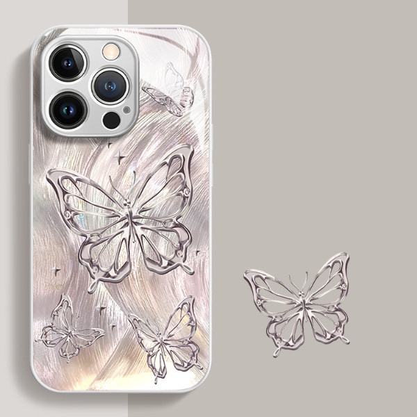 For iPhone 17 Air 17 Pro Max 16 15 14 13 12 11 XR XS Phone Case Silver Butterfly