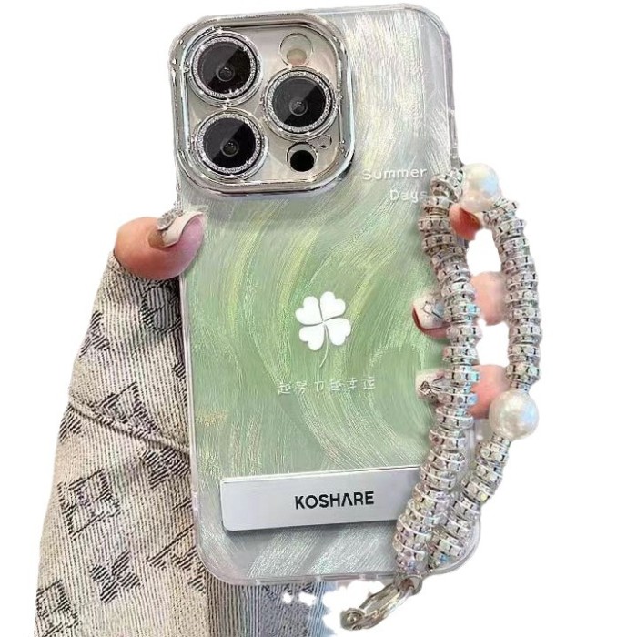For iPhone 17 Air 17 Pro Max 16 15 14 13 12 11 Phone Case Floral Clover Cover W/bracket bracelet